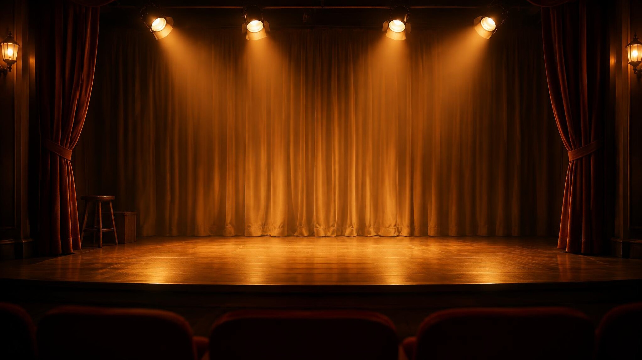 Empty theatre stage with warm dramatic lighting
