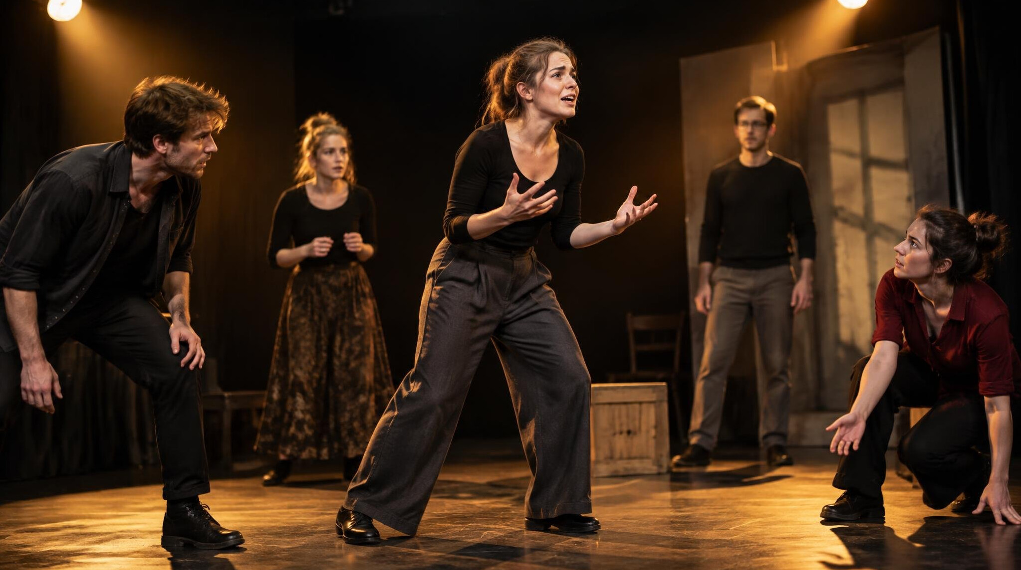 Students rehearsing on a small stage with dramatic lighting